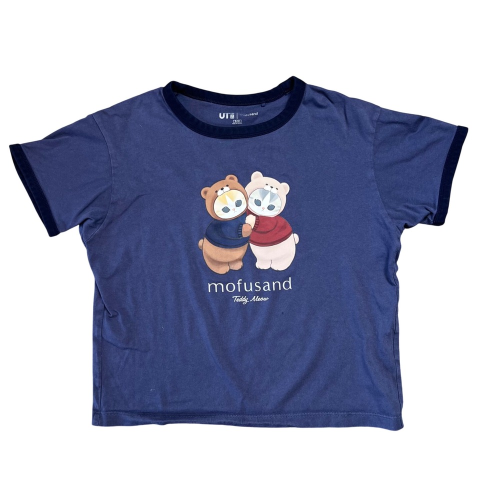 Uniqlo UT Mofusand Teddy Meow Graphic Ringer T-Shirt Blue‎ Kids Size 9-10 Kawaii
